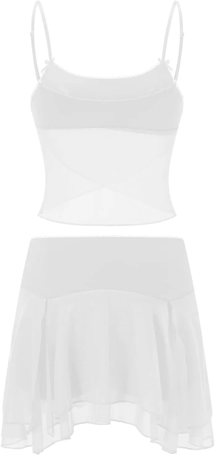 Women's Y2k Ruffle Trim Mini Dress Sexy Low Cut Slim Fit Cutout Mesh See Through Short Dress Summer Beach Sundress