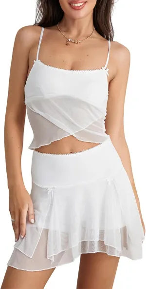 Women's Y2k Ruffle Trim Mini Dress Sexy Low Cut Slim Fit Cutout Mesh See Through Short Dress Summer Beach Sundress