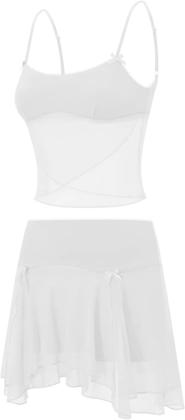 Women's Y2k Ruffle Trim Mini Dress Sexy Low Cut Slim Fit Cutout Mesh See Through Short Dress Summer Beach Sundress