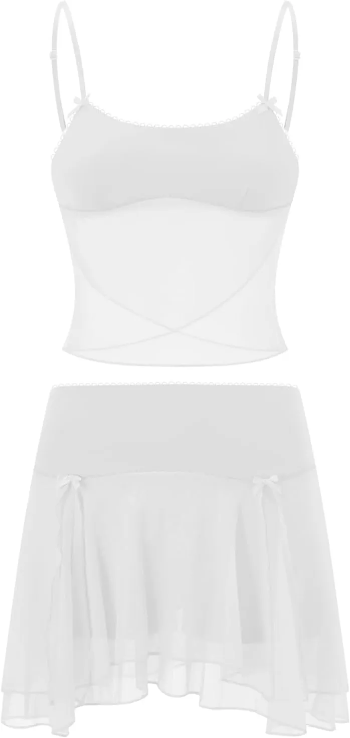 Women's Y2k Ruffle Trim Mini Dress Sexy Low Cut Slim Fit Cutout Mesh See Through Short Dress Summer Beach Sundress