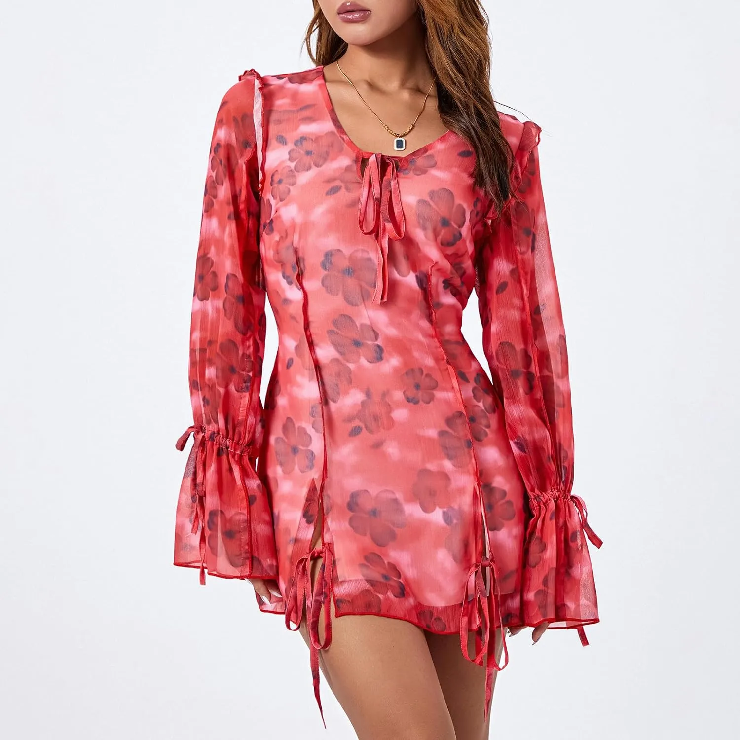 Women's Y2k Ruffle Trim Mini Dress Sexy Low Cut Slim Fit Cutout Mesh See Through Short Dress Summer Beach Sundress