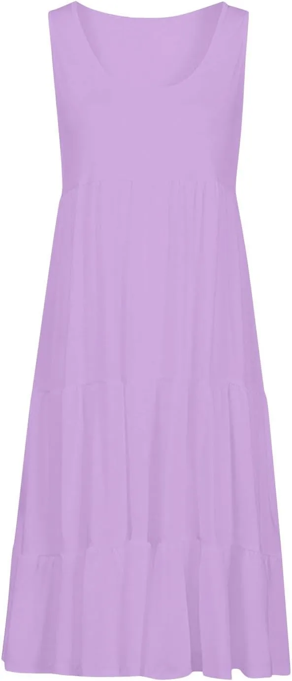 XUNRYAN Womens Tank Dresses Casual Sleeveless Tunic Summer Midi Dress Calf Length Tiered Ruffle Beach Coverup Vacation Outfit
