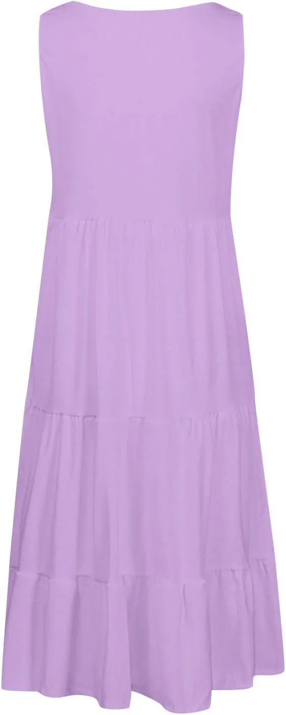 XUNRYAN Womens Tank Dresses Casual Sleeveless Tunic Summer Midi Dress Calf Length Tiered Ruffle Beach Coverup Vacation Outfit
