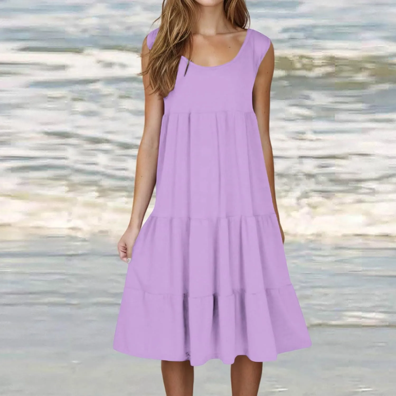 XUNRYAN Womens Tank Dresses Casual Sleeveless Tunic Summer Midi Dress Calf Length Tiered Ruffle Beach Coverup Vacation Outfit