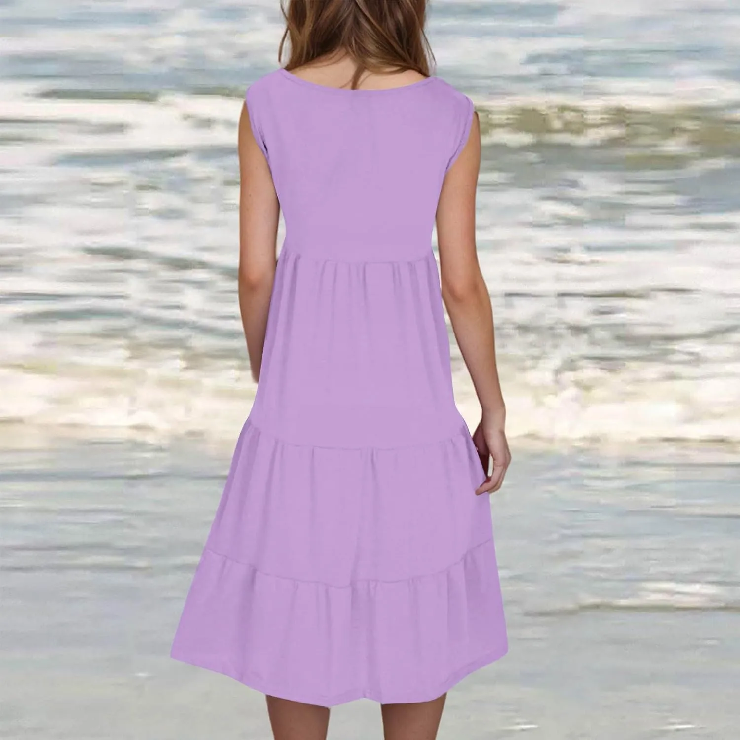 XUNRYAN Womens Tank Dresses Casual Sleeveless Tunic Summer Midi Dress Calf Length Tiered Ruffle Beach Coverup Vacation Outfit
