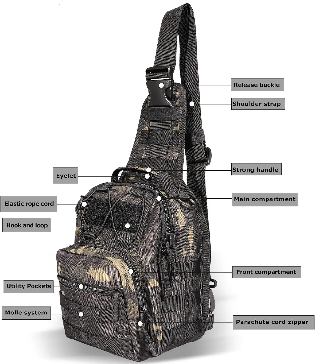 YAKEDA Tactical EDC Backpack Military Sling Backpack Shoulder Bag for Travel,Outdoor,Hiking, (Black CP) 10.24 * 8.27 * 4.33 inches
