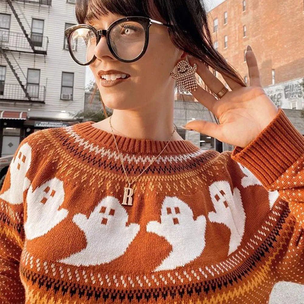 YEMOCILE Halloween Knitted Sweater for Women with Cute Ghost Pattern Gothic Streetwear with Long Sleeves