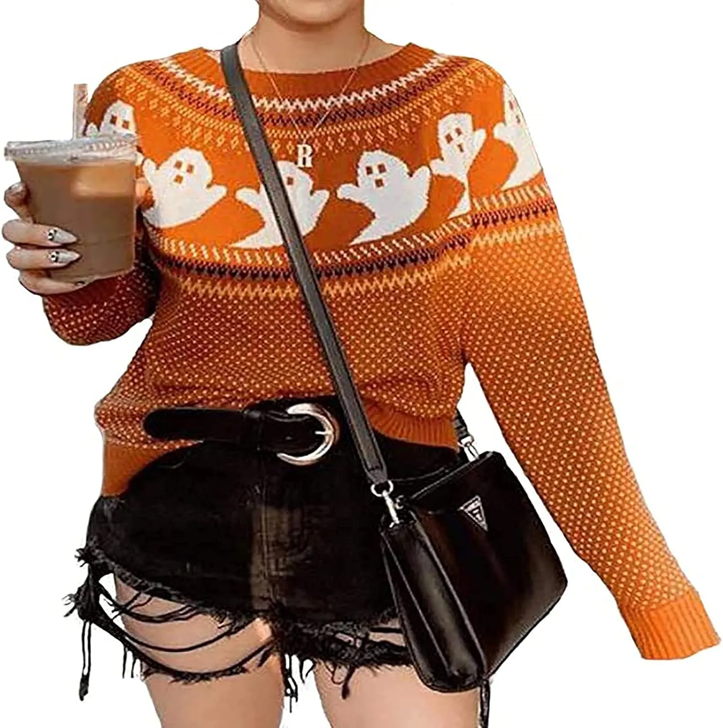 YEMOCILE Halloween Knitted Sweater for Women with Cute Ghost Pattern Gothic Streetwear with Long Sleeves