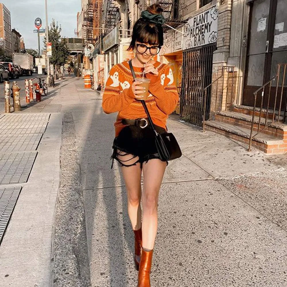 YEMOCILE Halloween Knitted Sweater for Women with Cute Ghost Pattern Gothic Streetwear with Long Sleeves