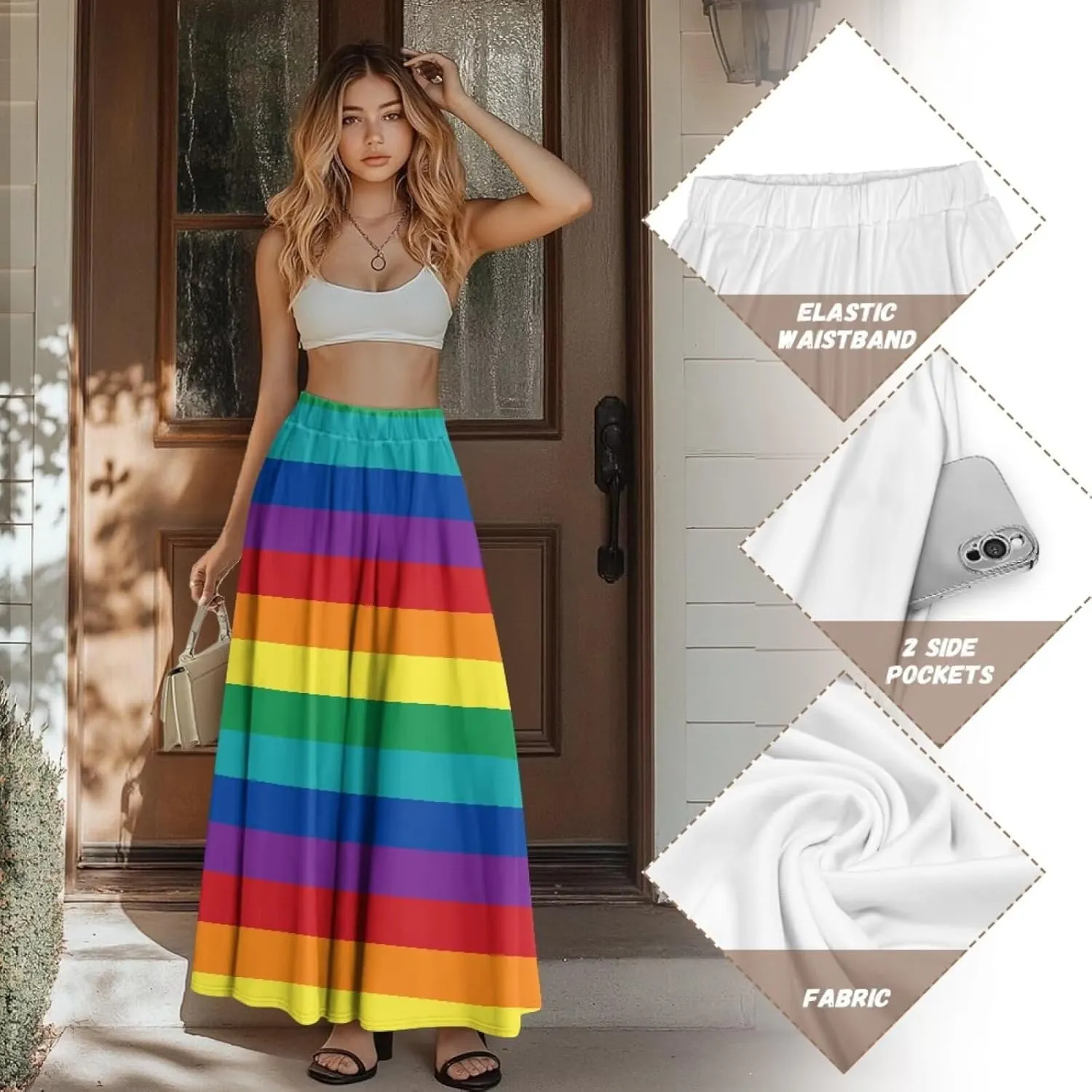 Yewattles Womens Elastic High Waist Pleated A-Line Flowy Swing Maxi Long Skirt Dress with Pockets