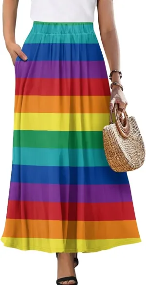 Yewattles Womens Elastic High Waist Pleated A-Line Flowy Swing Maxi Long Skirt Dress with Pockets
