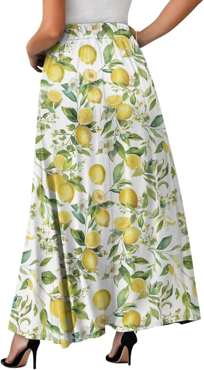 Yewattles Womens Elastic High Waist Pleated A-Line Flowy Swing Maxi Long Skirt Dress with Pockets