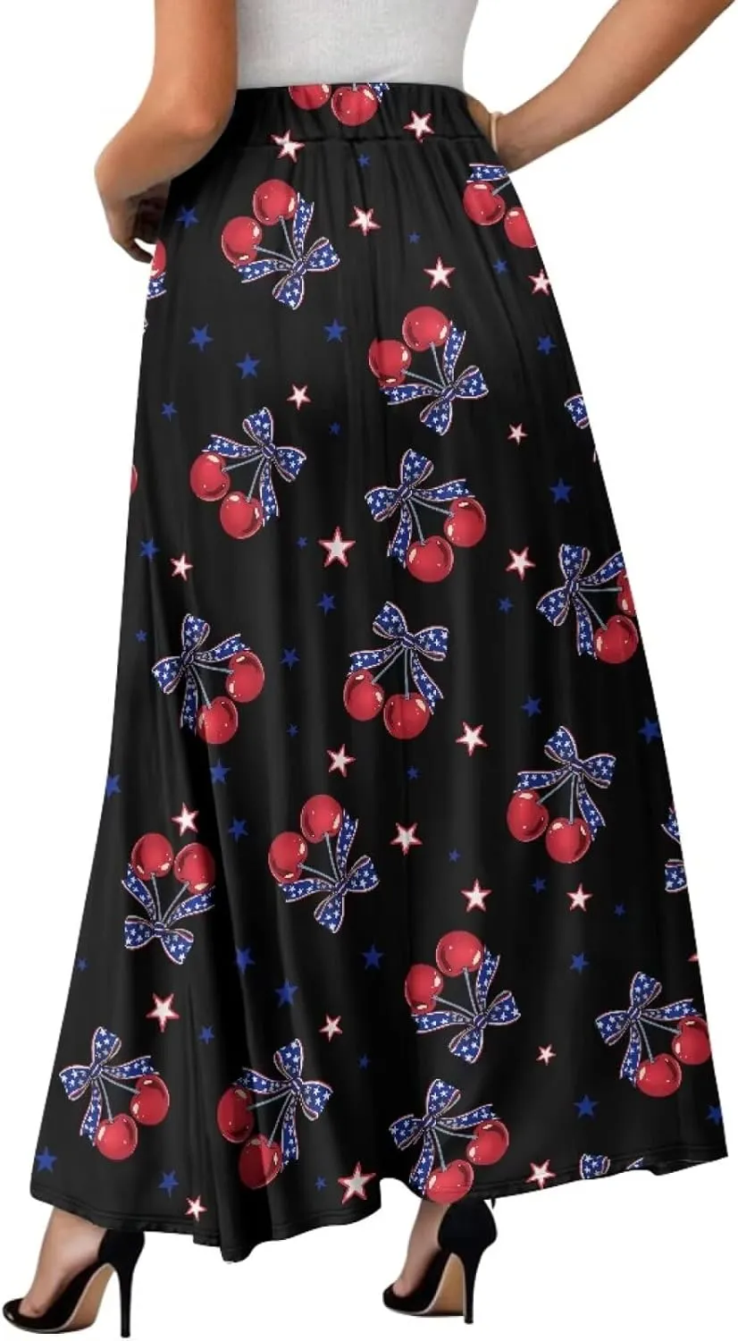 Yewattles Womens Elastic High Waist Pleated A-Line Flowy Swing Maxi Long Skirt Dress with Pockets