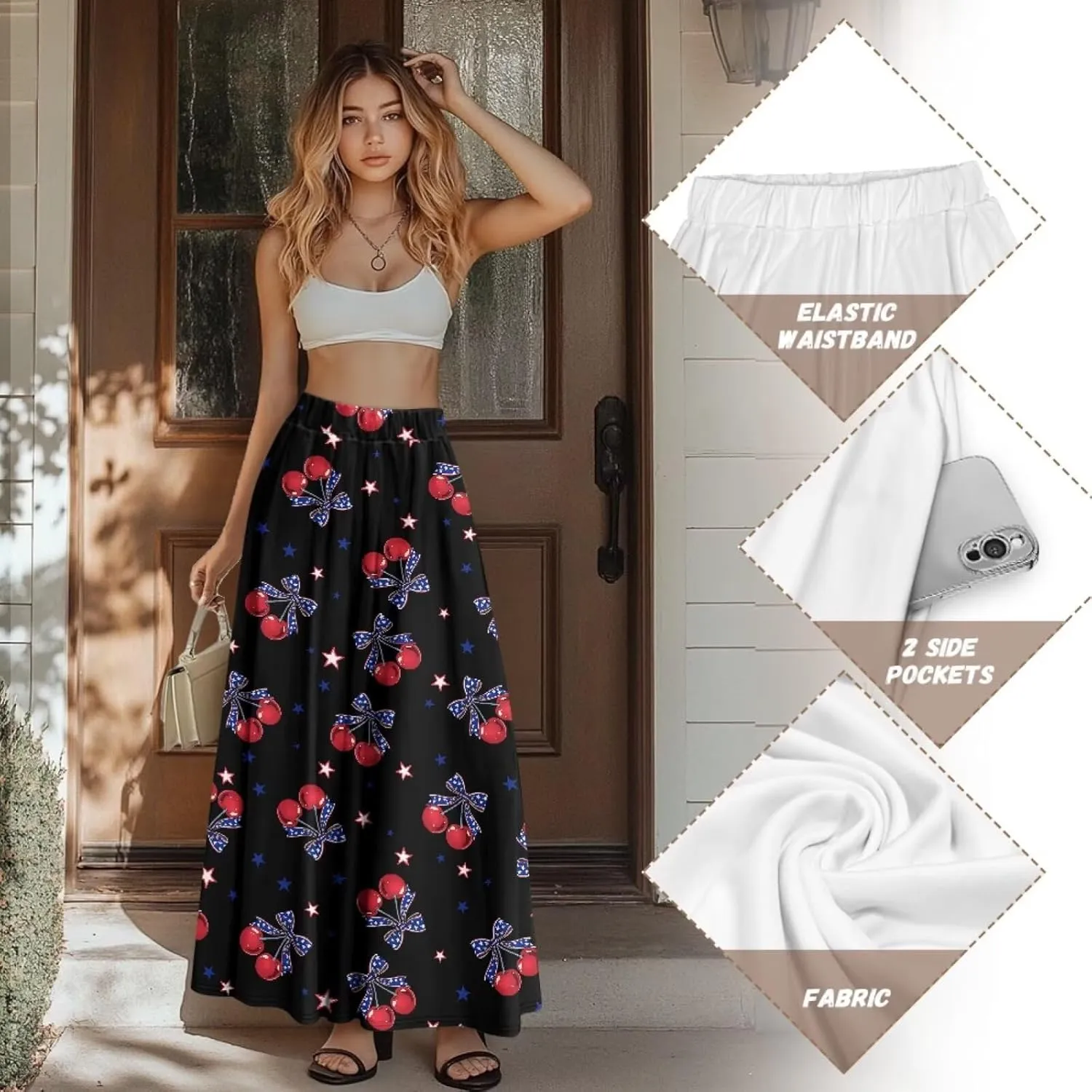 Yewattles Womens Elastic High Waist Pleated A-Line Flowy Swing Maxi Long Skirt Dress with Pockets