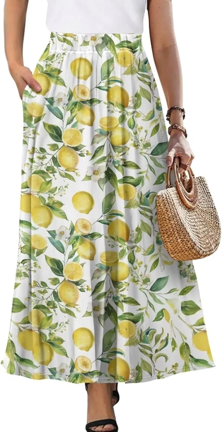 Yewattles Womens Elastic High Waist Pleated A-Line Flowy Swing Maxi Long Skirt Dress with Pockets
