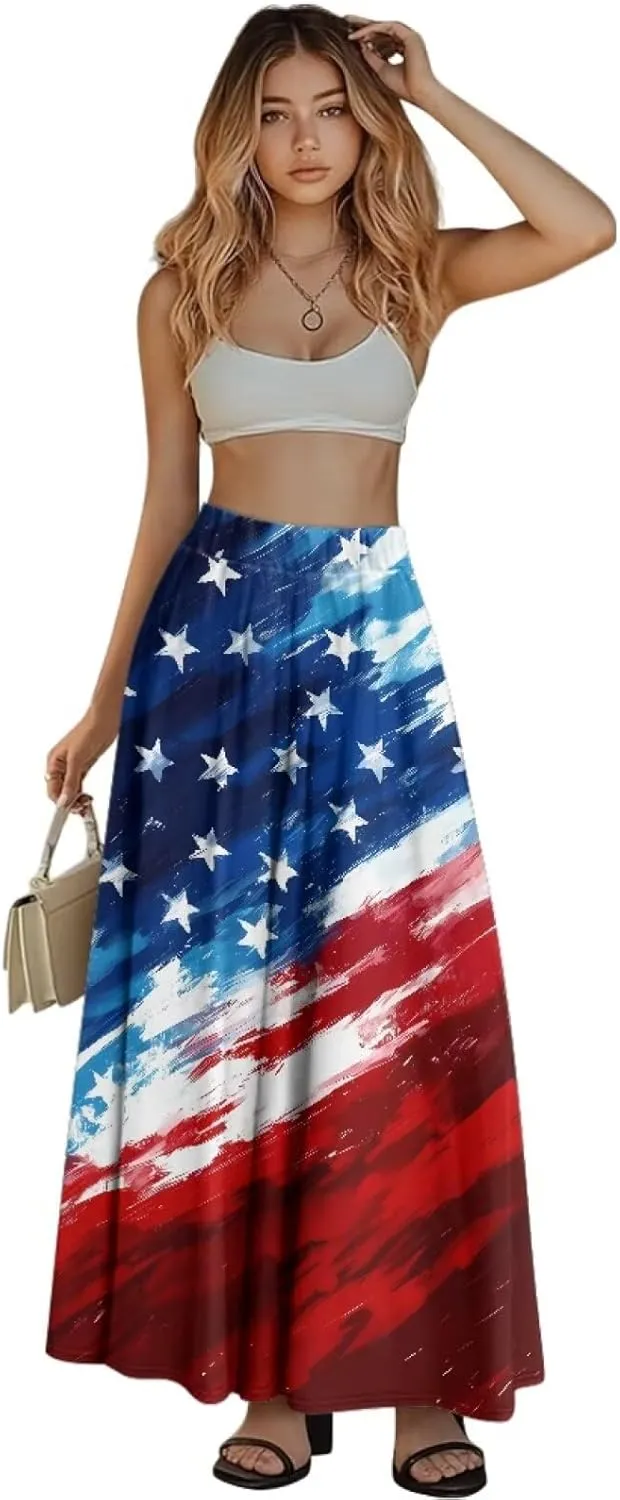 Yewattles Womens Elastic High Waist Pleated A-Line Flowy Swing Maxi Long Skirt Dress with Pockets