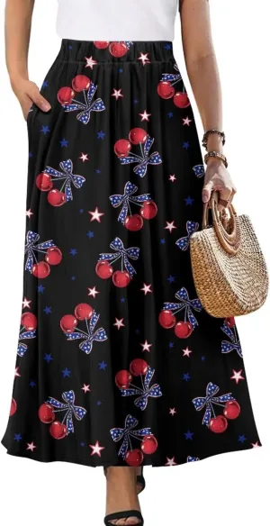 Yewattles Womens Elastic High Waist Pleated A-Line Flowy Swing Maxi Long Skirt Dress with Pockets
