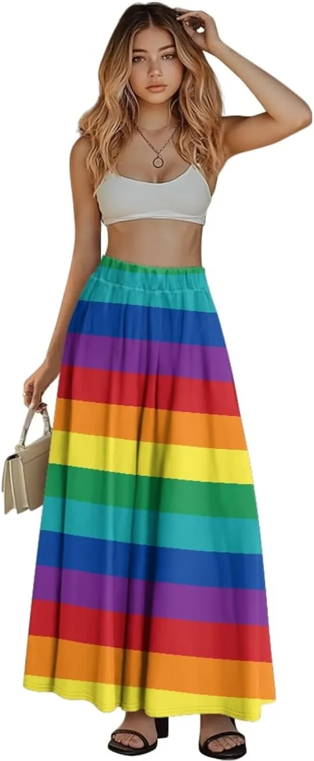 Yewattles Womens Elastic High Waist Pleated A-Line Flowy Swing Maxi Long Skirt Dress with Pockets
