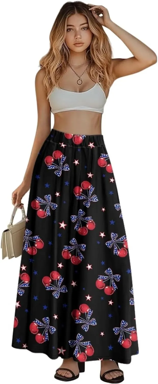 Yewattles Womens Elastic High Waist Pleated A-Line Flowy Swing Maxi Long Skirt Dress with Pockets
