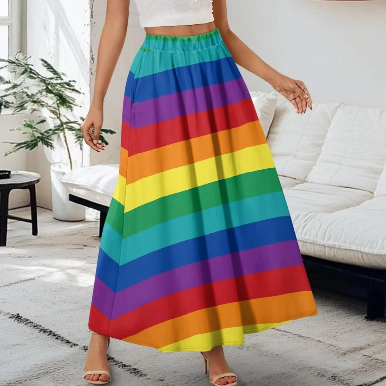 Yewattles Womens Elastic High Waist Pleated A-Line Flowy Swing Maxi Long Skirt Dress with Pockets