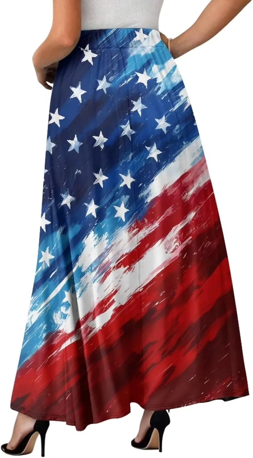 Yewattles Womens Elastic High Waist Pleated A-Line Flowy Swing Maxi Long Skirt Dress with Pockets