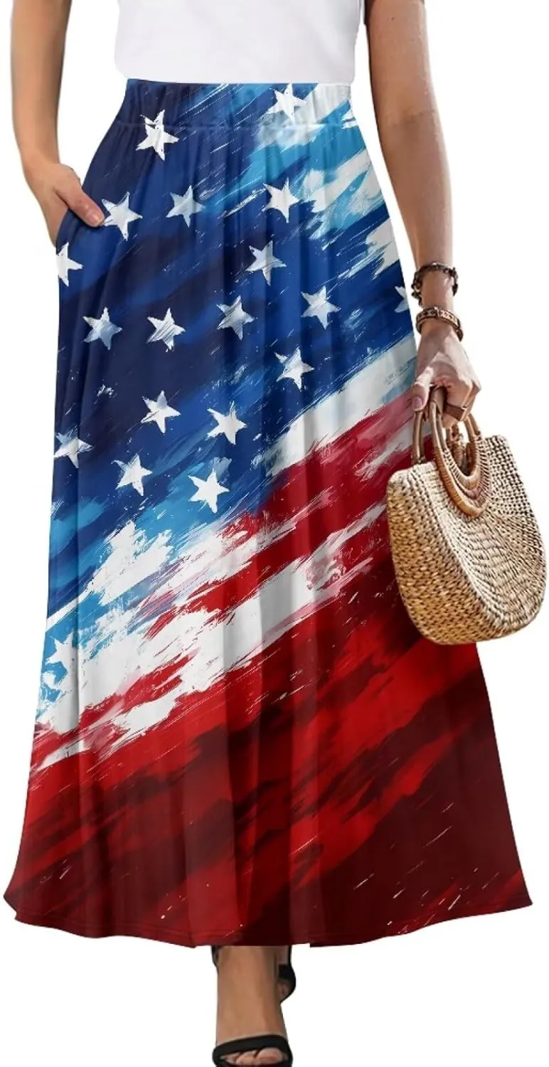 Yewattles Womens Elastic High Waist Pleated A-Line Flowy Swing Maxi Long Skirt Dress with Pockets