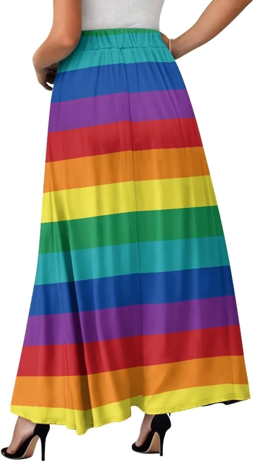 Yewattles Womens Elastic High Waist Pleated A-Line Flowy Swing Maxi Long Skirt Dress with Pockets