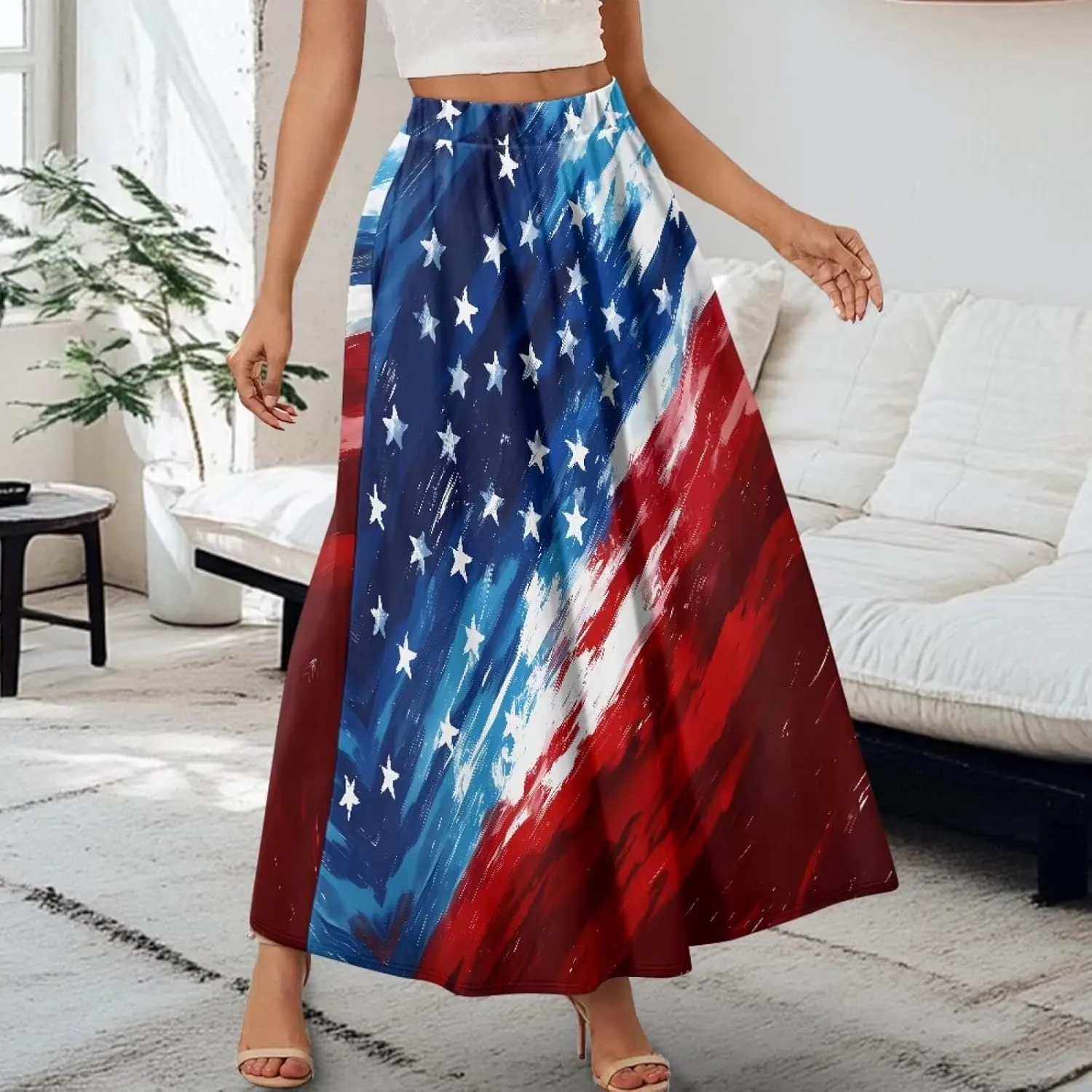 Yewattles Womens Elastic High Waist Pleated A-Line Flowy Swing Maxi Long Skirt Dress with Pockets