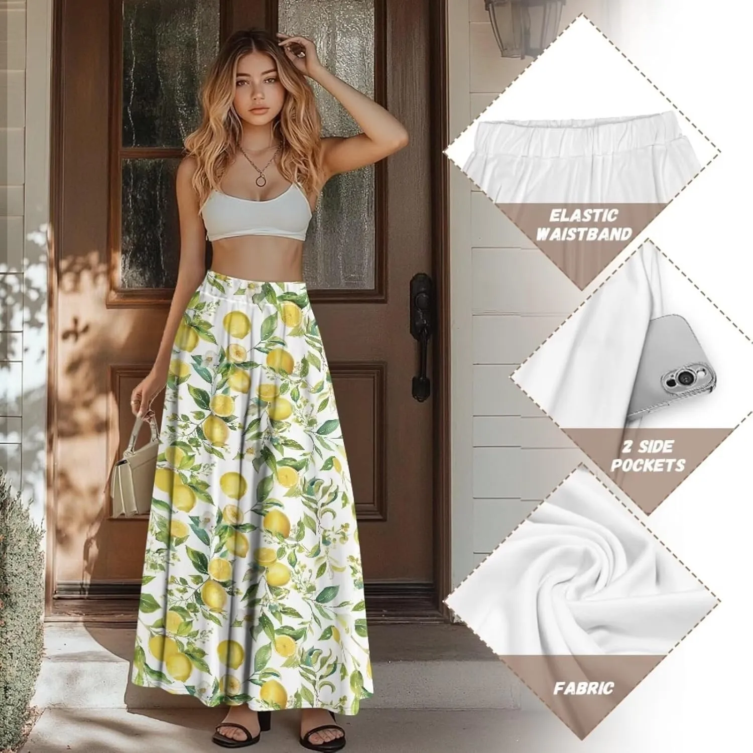 Yewattles Womens Elastic High Waist Pleated A-Line Flowy Swing Maxi Long Skirt Dress with Pockets