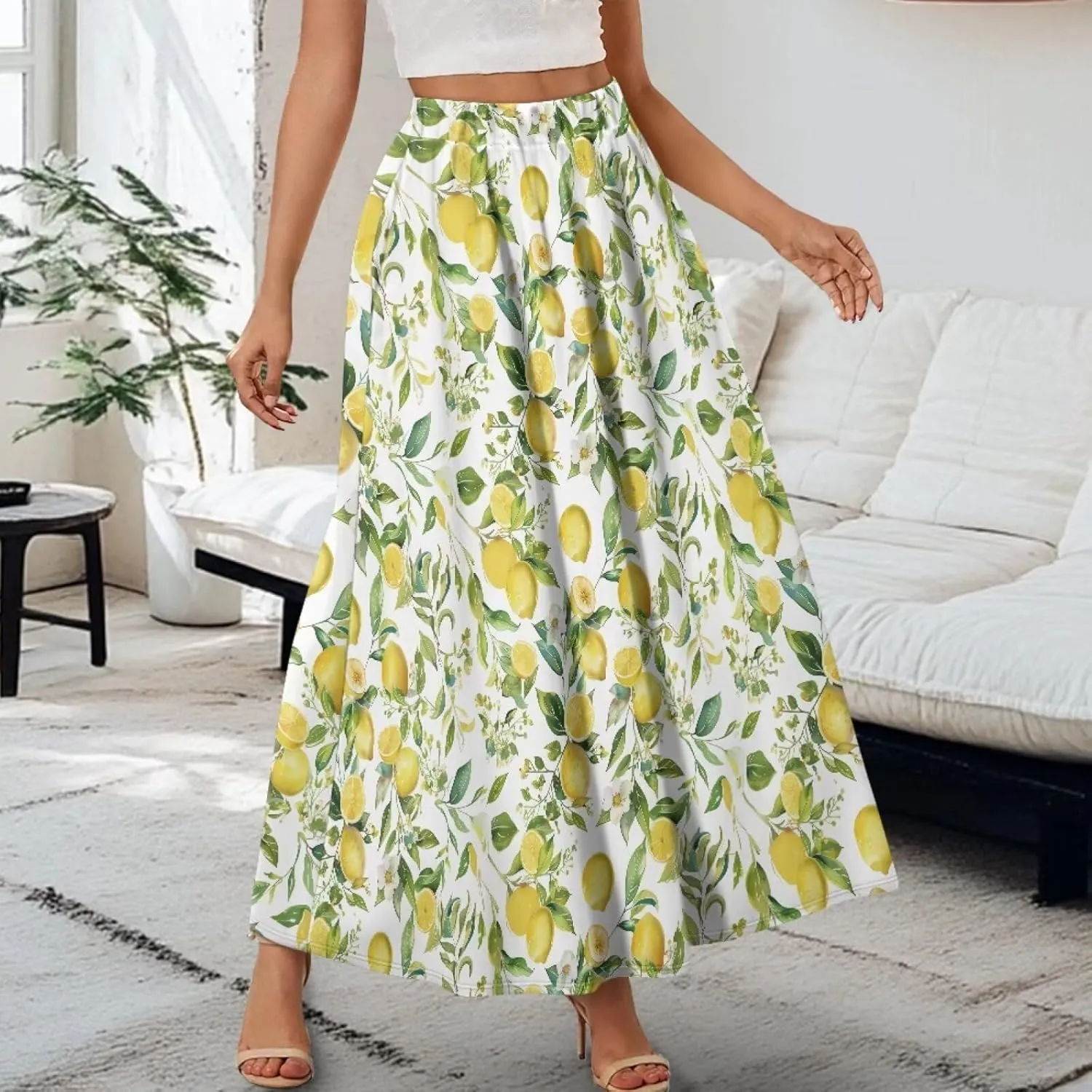 Yewattles Womens Elastic High Waist Pleated A-Line Flowy Swing Maxi Long Skirt Dress with Pockets