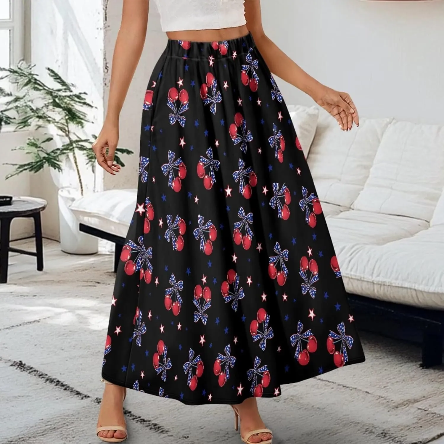 Yewattles Womens Elastic High Waist Pleated A-Line Flowy Swing Maxi Long Skirt Dress with Pockets