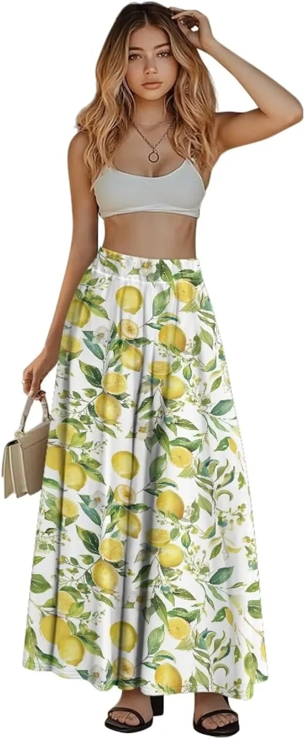 Yewattles Womens Elastic High Waist Pleated A-Line Flowy Swing Maxi Long Skirt Dress with Pockets