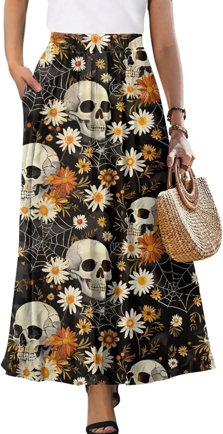 Yewattles Womens Printed Double Pocket Skirt Casual Long Maxi Skirt with Double Pockets Swing Dress