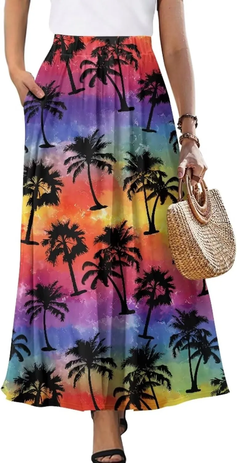 Yewattles Womens Printed Double Pocket Skirt Casual Long Maxi Skirt with Double Pockets Swing Dress