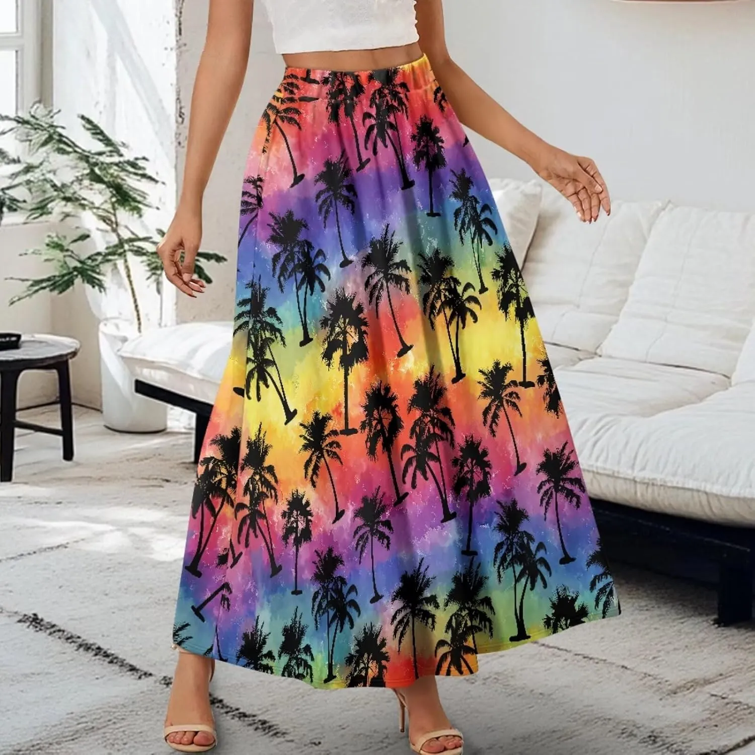 Yewattles Womens Printed Double Pocket Skirt Casual Long Maxi Skirt with Double Pockets Swing Dress