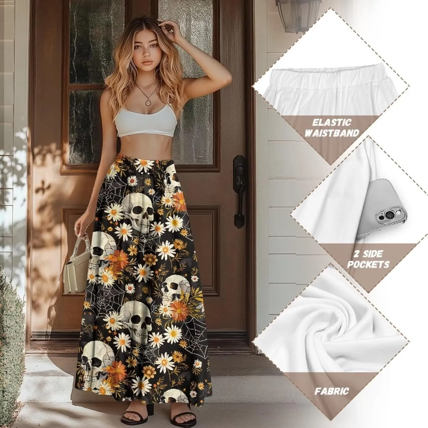Yewattles Womens Printed Double Pocket Skirt Casual Long Maxi Skirt with Double Pockets Swing Dress