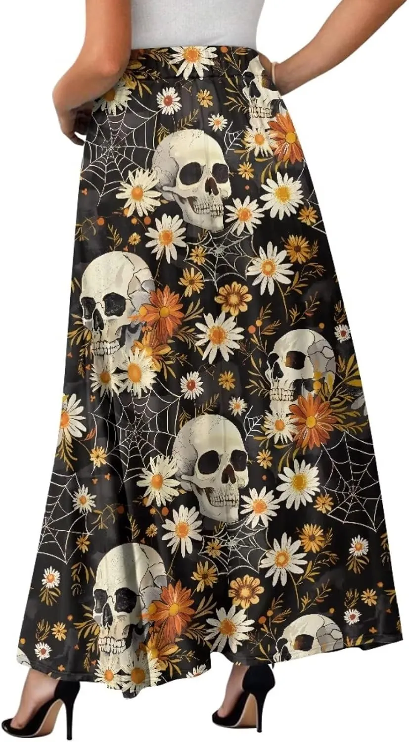 Yewattles Womens Printed Double Pocket Skirt Casual Long Maxi Skirt with Double Pockets Swing Dress