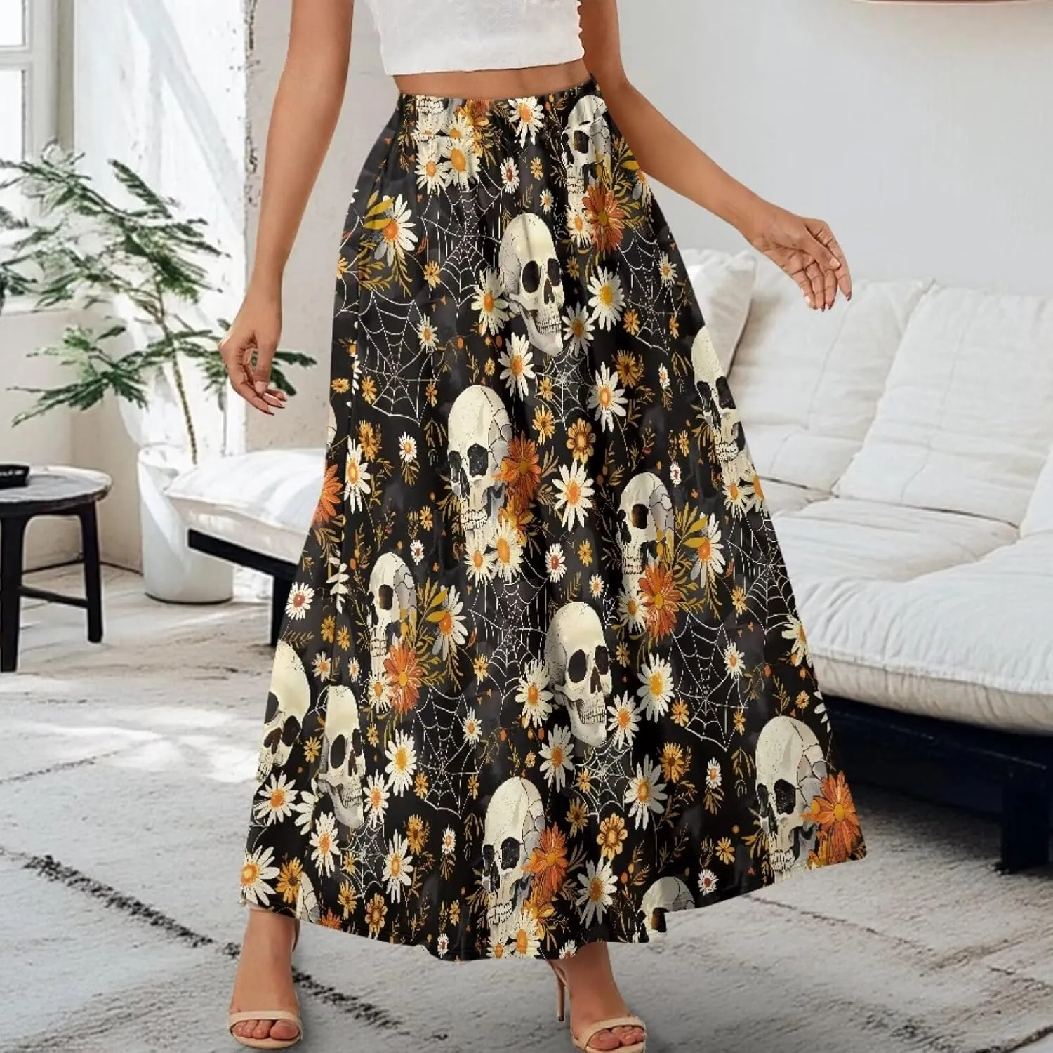 Yewattles Womens Printed Double Pocket Skirt Casual Long Maxi Skirt with Double Pockets Swing Dress