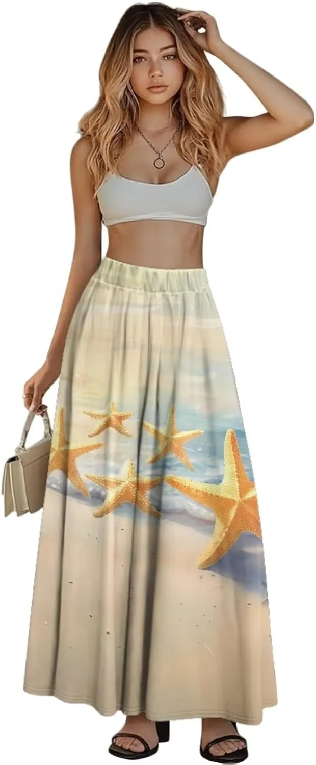 Yewattles Womens Printed Double Pocket Skirt Casual Long Maxi Skirt with Double Pockets Swing Dress