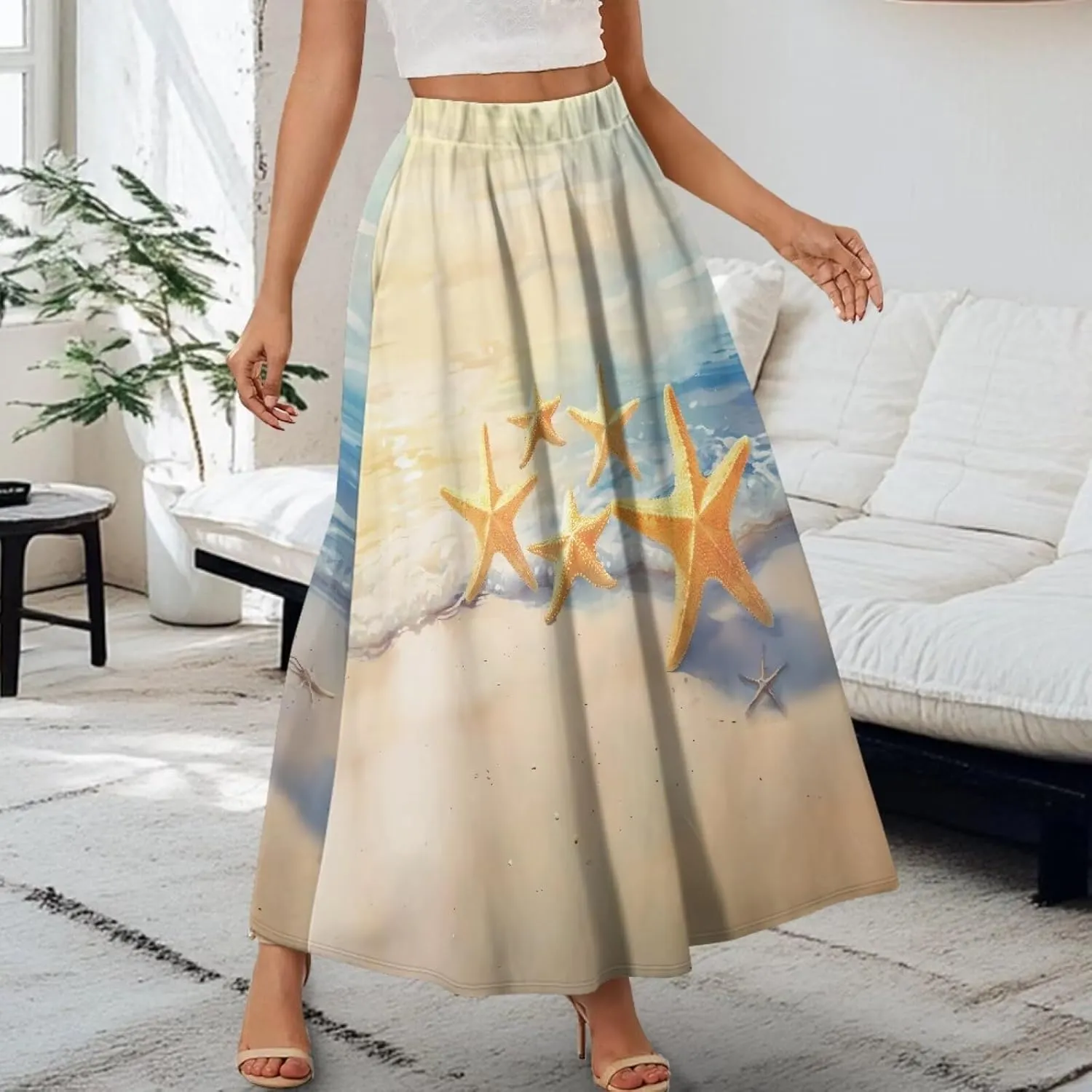 Yewattles Womens Printed Double Pocket Skirt Casual Long Maxi Skirt with Double Pockets Swing Dress