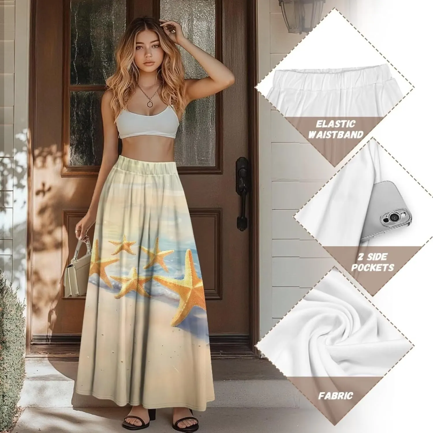 Yewattles Womens Printed Double Pocket Skirt Casual Long Maxi Skirt with Double Pockets Swing Dress