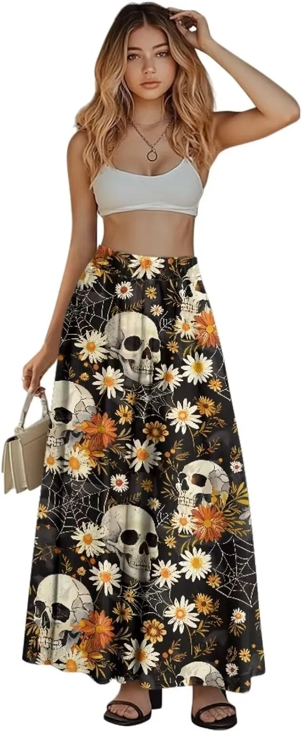 Yewattles Womens Printed Double Pocket Skirt Casual Long Maxi Skirt with Double Pockets Swing Dress