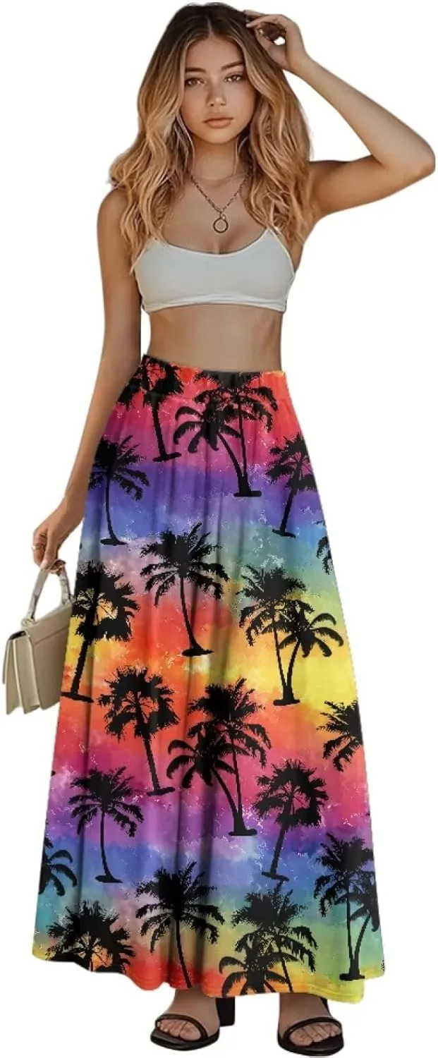 Yewattles Womens Printed Double Pocket Skirt Casual Long Maxi Skirt with Double Pockets Swing Dress