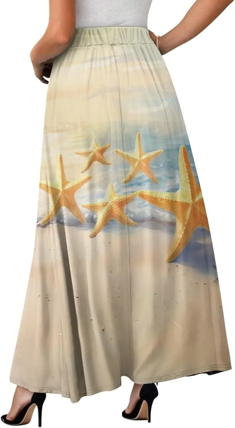 Yewattles Womens Printed Double Pocket Skirt Casual Long Maxi Skirt with Double Pockets Swing Dress