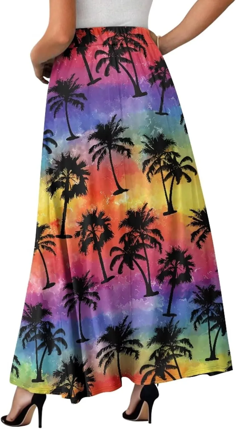 Yewattles Womens Printed Double Pocket Skirt Casual Long Maxi Skirt with Double Pockets Swing Dress