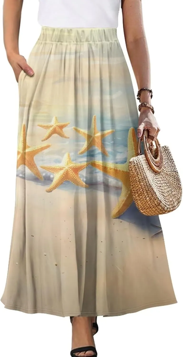 Yewattles Womens Printed Double Pocket Skirt Casual Long Maxi Skirt with Double Pockets Swing Dress