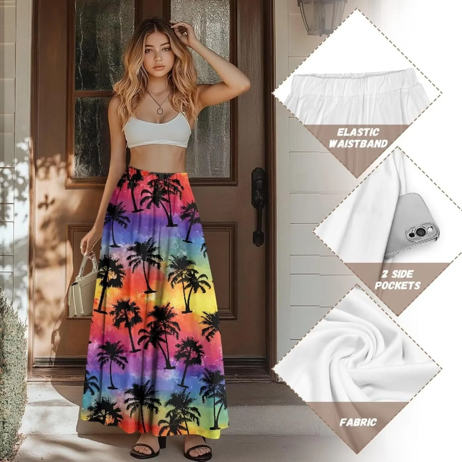 Yewattles Womens Printed Double Pocket Skirt Casual Long Maxi Skirt with Double Pockets Swing Dress
