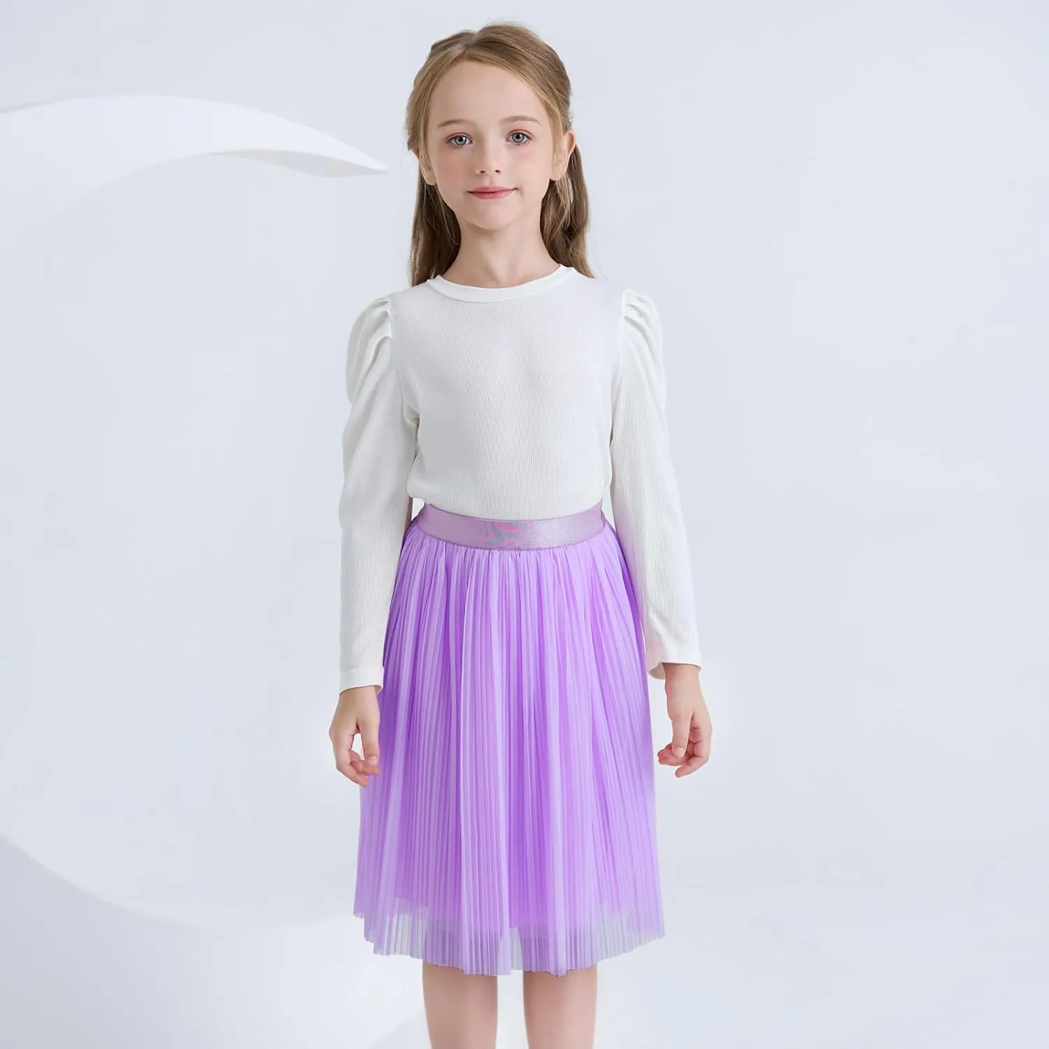 ZUNW Girls Mesh Pleated Skirt Elastic High Waist A-Line Swing Tulle Midi Skirt for Girl 6-14 Years