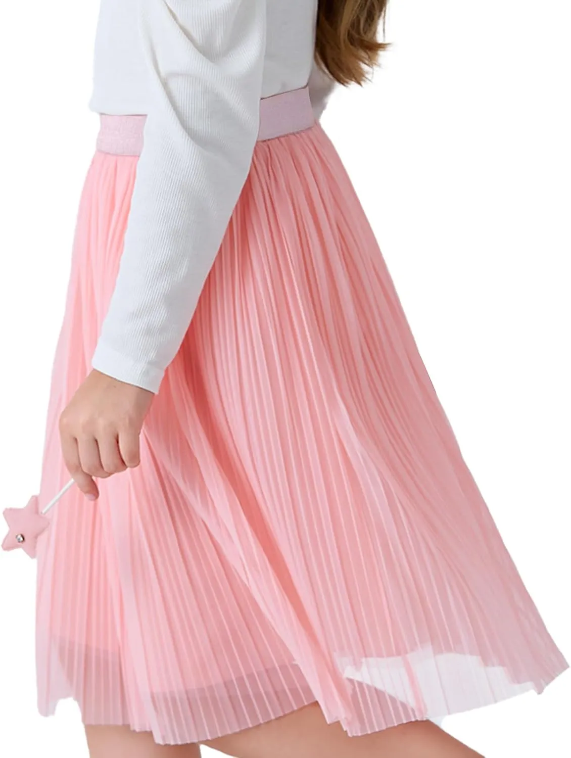 ZUNW Girls Mesh Pleated Skirt Elastic High Waist A-Line Swing Tulle Midi Skirt for Girl 6-14 Years
