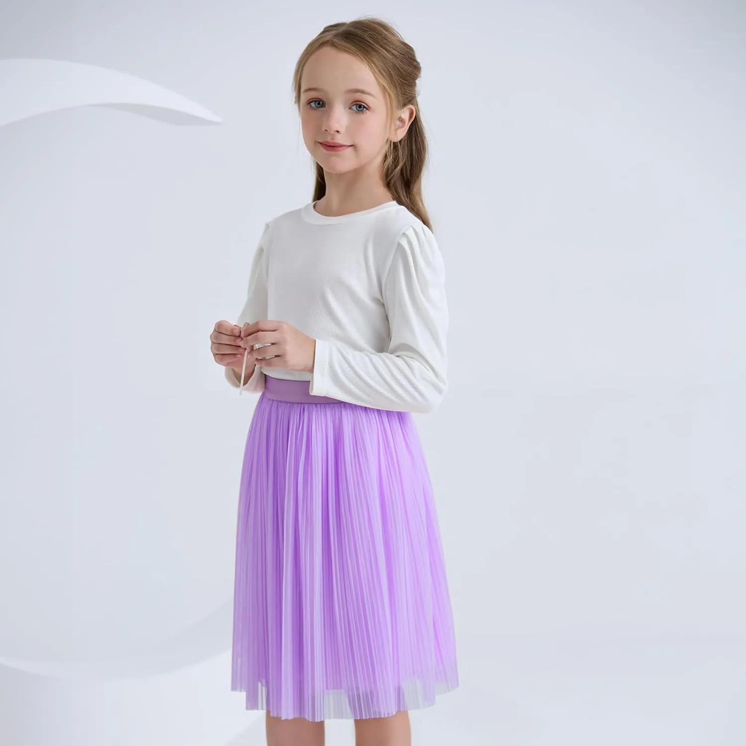 ZUNW Girls Mesh Pleated Skirt Elastic High Waist A-Line Swing Tulle Midi Skirt for Girl 6-14 Years